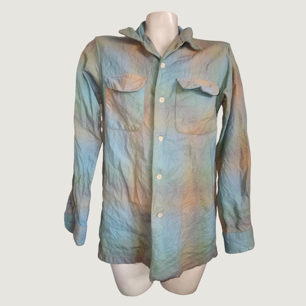 Pendleton VINTAGE Board Shirt Fitted S Blue‎ Green Ombre Plaid USA Virgin Wool